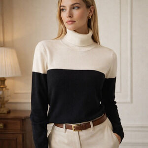 Calvin Klein Sz Small Turtleneck Sweater Black & White Colorblock Quiet Luxury